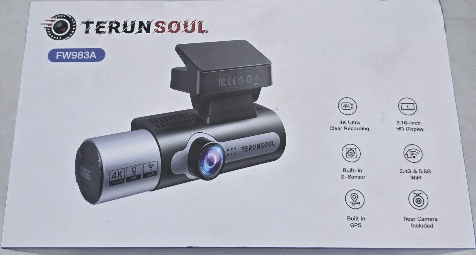 Terunsoul FW983A, 4K Ultra HD Dash Cam Front/Rear Built-in GPS WiFi NEW
