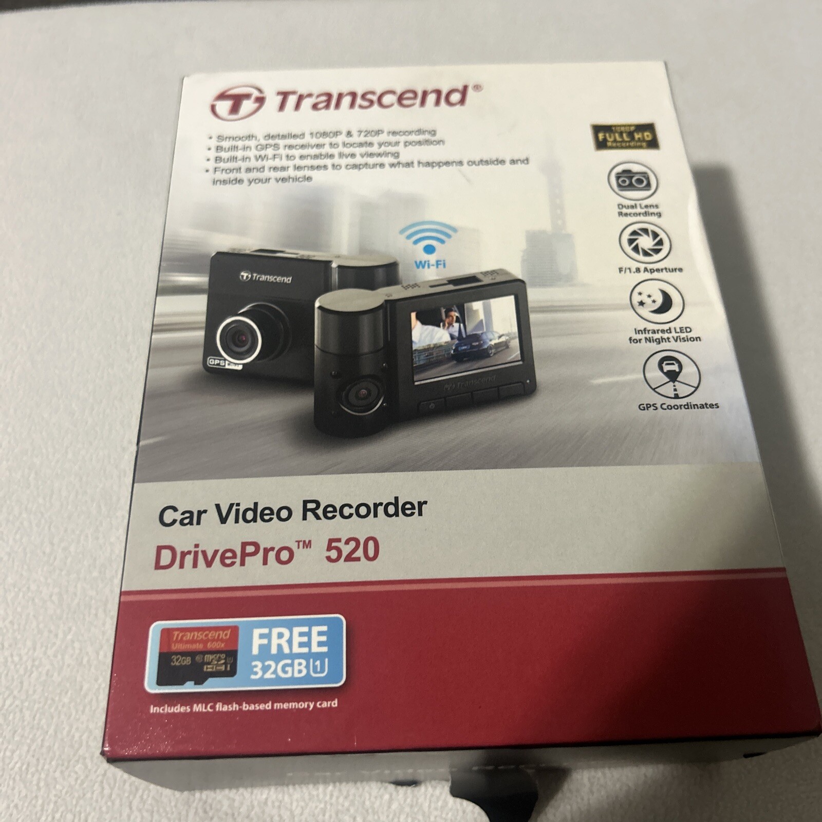 Transcend Dashcam DrivePro 520 Security Camera 1080P HD Recording 32GB Card