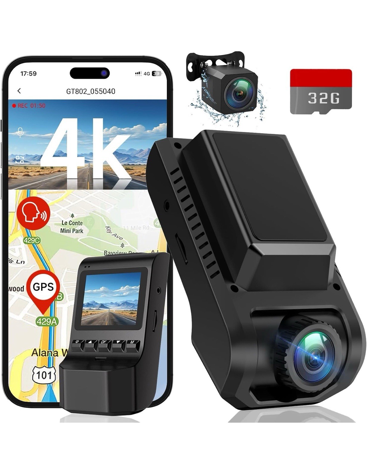 Dash Cam Front & Rear, 4K Ultra HD+1080P,Built-in Wi-Fi GPS, Included 32GB Card