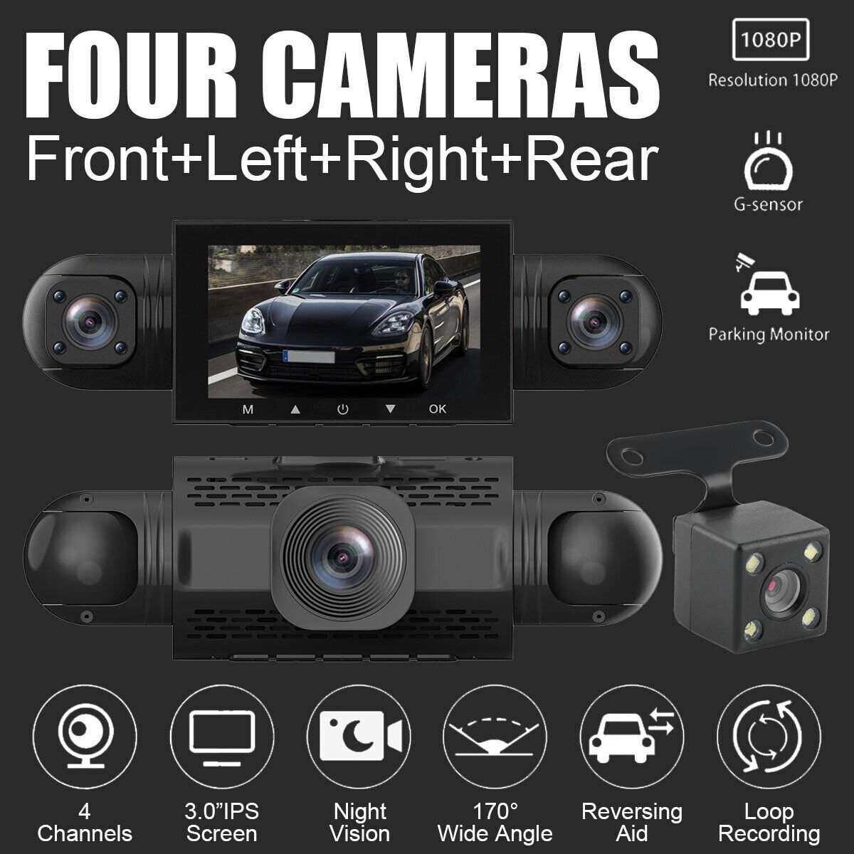 1080P Car Dash Cam 4 Channel Driving Camera Front+Left+Right+ Rear Night Vision
