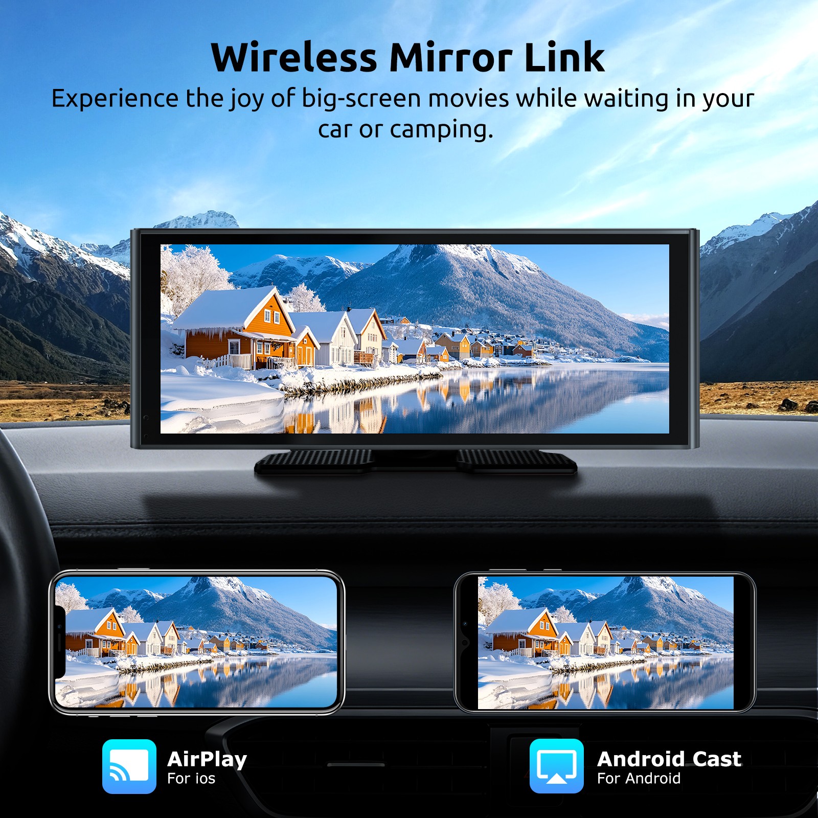 Wireless Carplay Screen for Car 10″ Portable Car Touch Screen for Apple Carplay