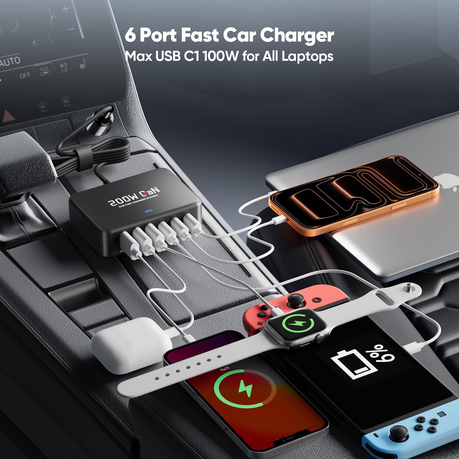 USB C Car Charger, 200W GaN 6-Port USB C Car Charger for MacBook Pro/Air, Del…