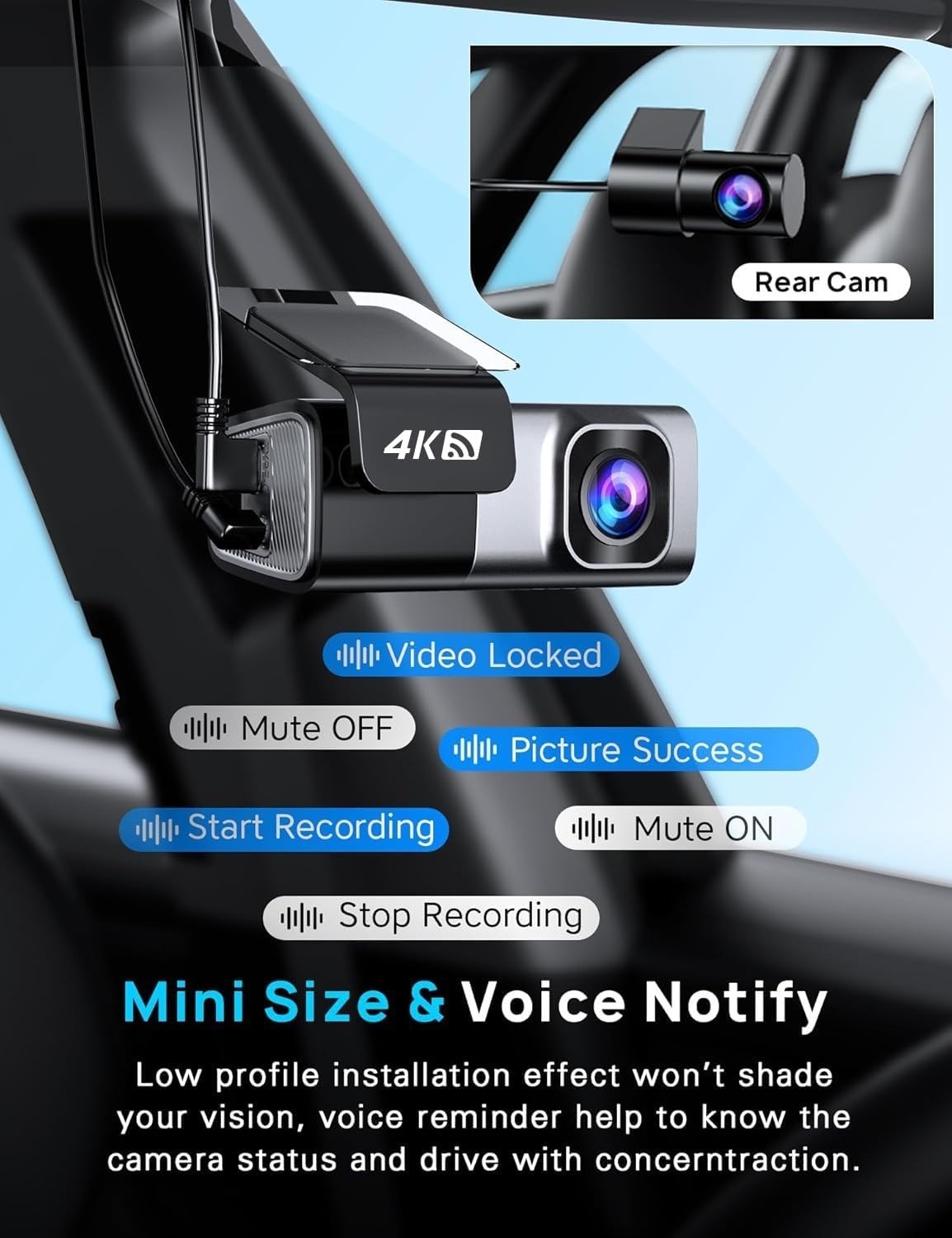 Cámara de salpicadero para coches frontal 4K y trasera 1080p con tarjeta de 64GB
