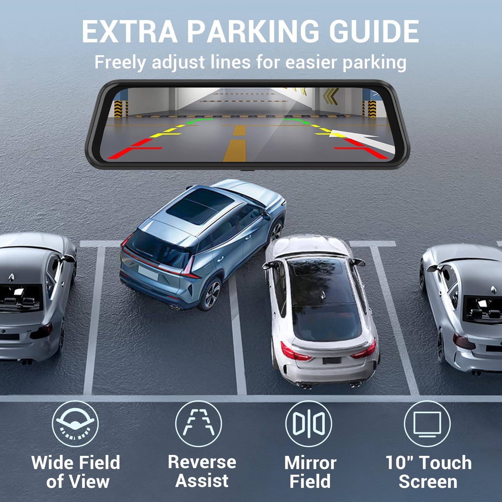 10″ 4K Rear View Mirror Dash Cam, 1080P Backup Camera, WiFi, Night Vision, 64GB