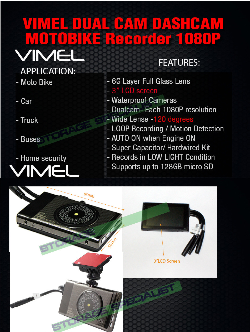 MotorBike Dual camera MotorCycle Dash Car 1080P Waterproof Hardwired Truck K1S