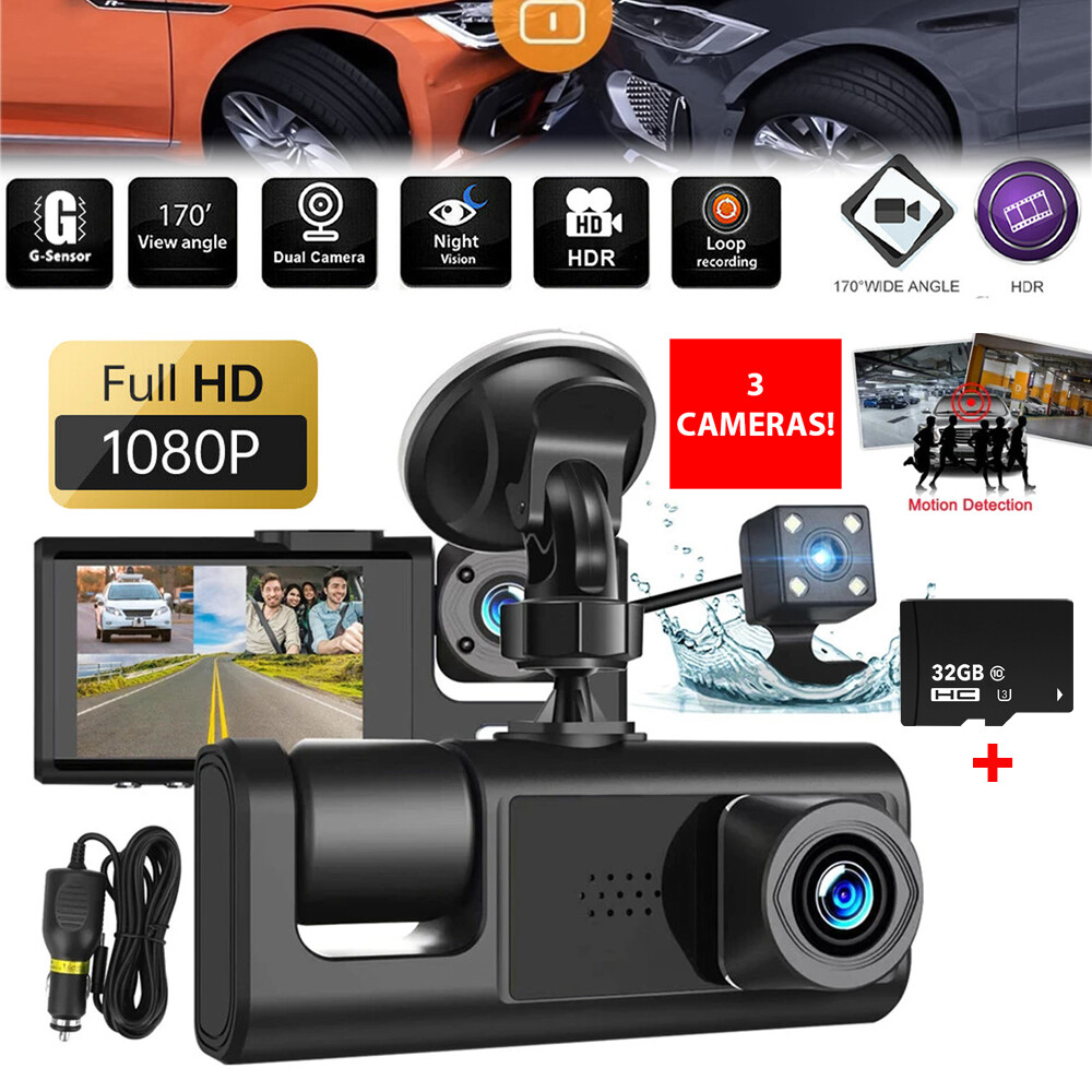 Car Dual Lens Camera 1080P HD Dash Cam Front/Rear/Inside Video Recorder G-sensor