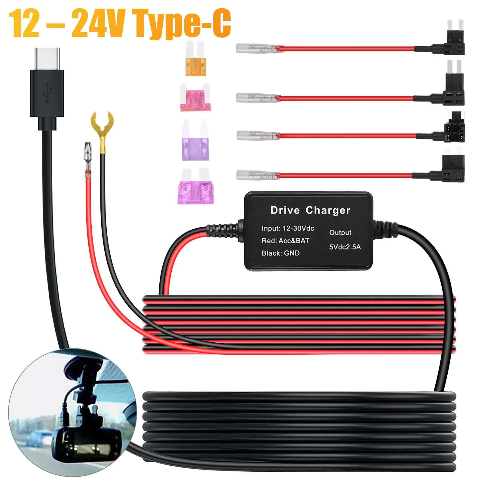 Universal Type C Dash Cam Hardwire Kit Hard Wire Cable Fuse 12-24V to 5V Car DVR