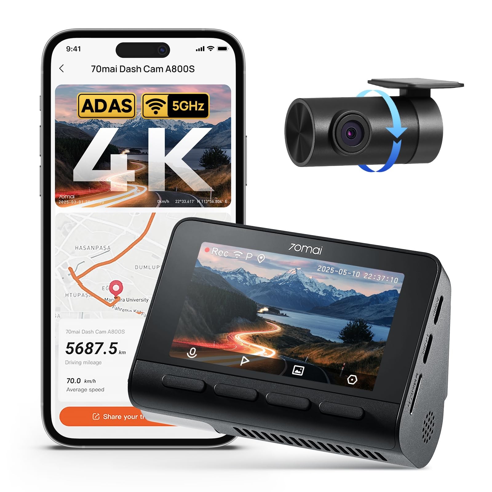 70mai A800S 4K Dash Cam Super Night Vision ADAS