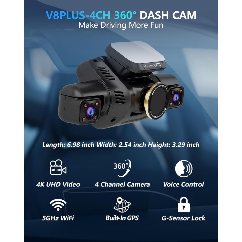 4 Channel Front and Rear Interior Dash Cam 4K UHD with Built-in Wi-Fi GPS Night