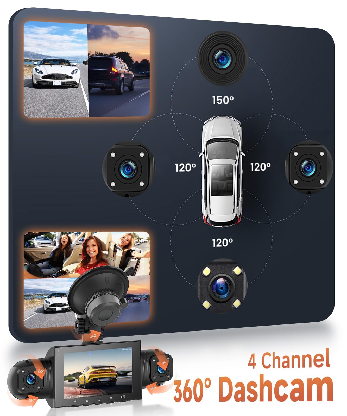 4 Channel Dash Cam Front and Rear Inside Left Right, 360 Degree View Dash Cam…