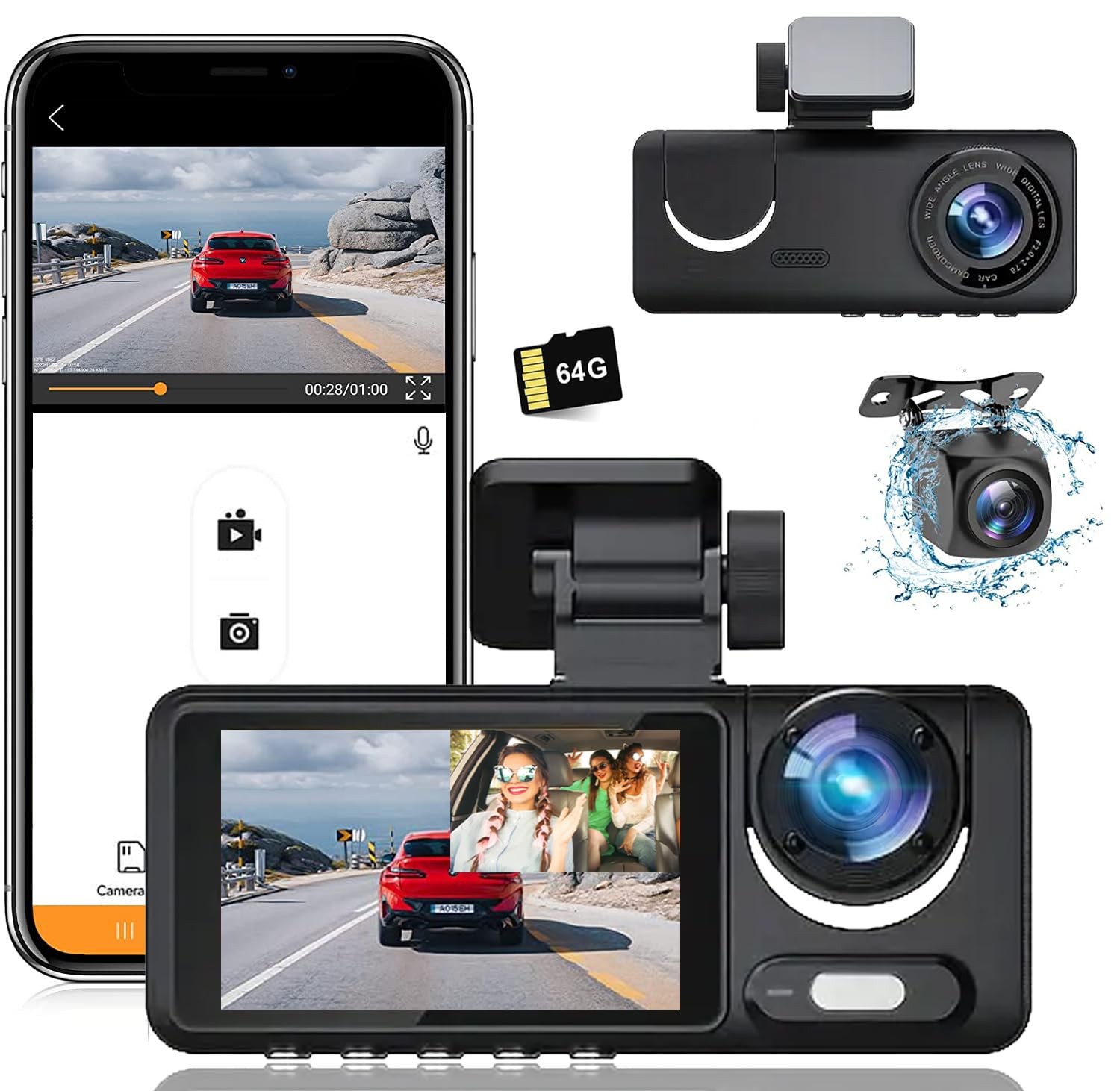 3 Channel Dash Cam Front and Rear with 64G SD Card