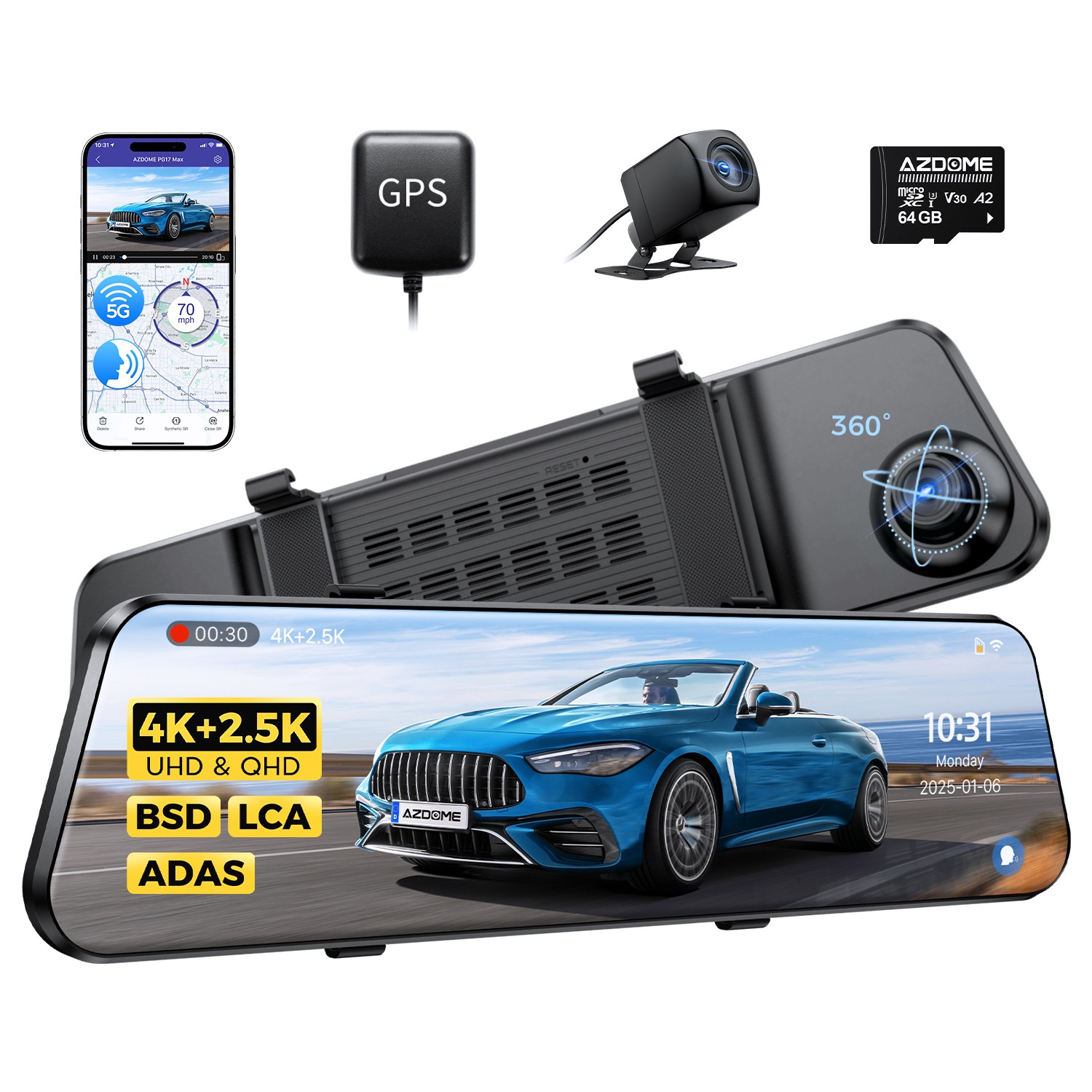 AZDOME 12″ 2CH 4K+2.5K Rearview Mirror Dash Cam 5GWiFi GPS ADAS BSD LCA+64GB TF