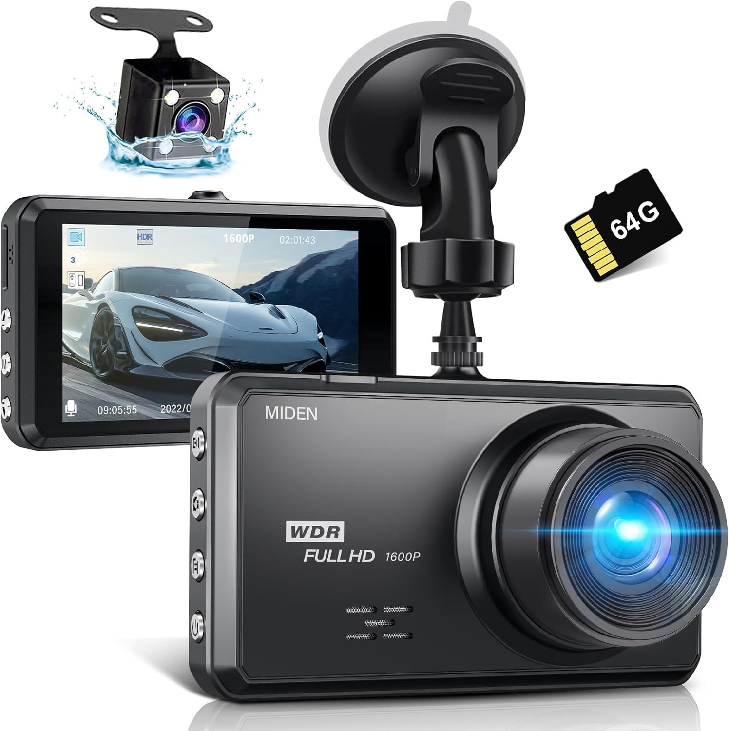 S7 2.5K Dash Cam Front and Rear,64G SD Card,1600P+1080P FHD Dual Dash Camera for