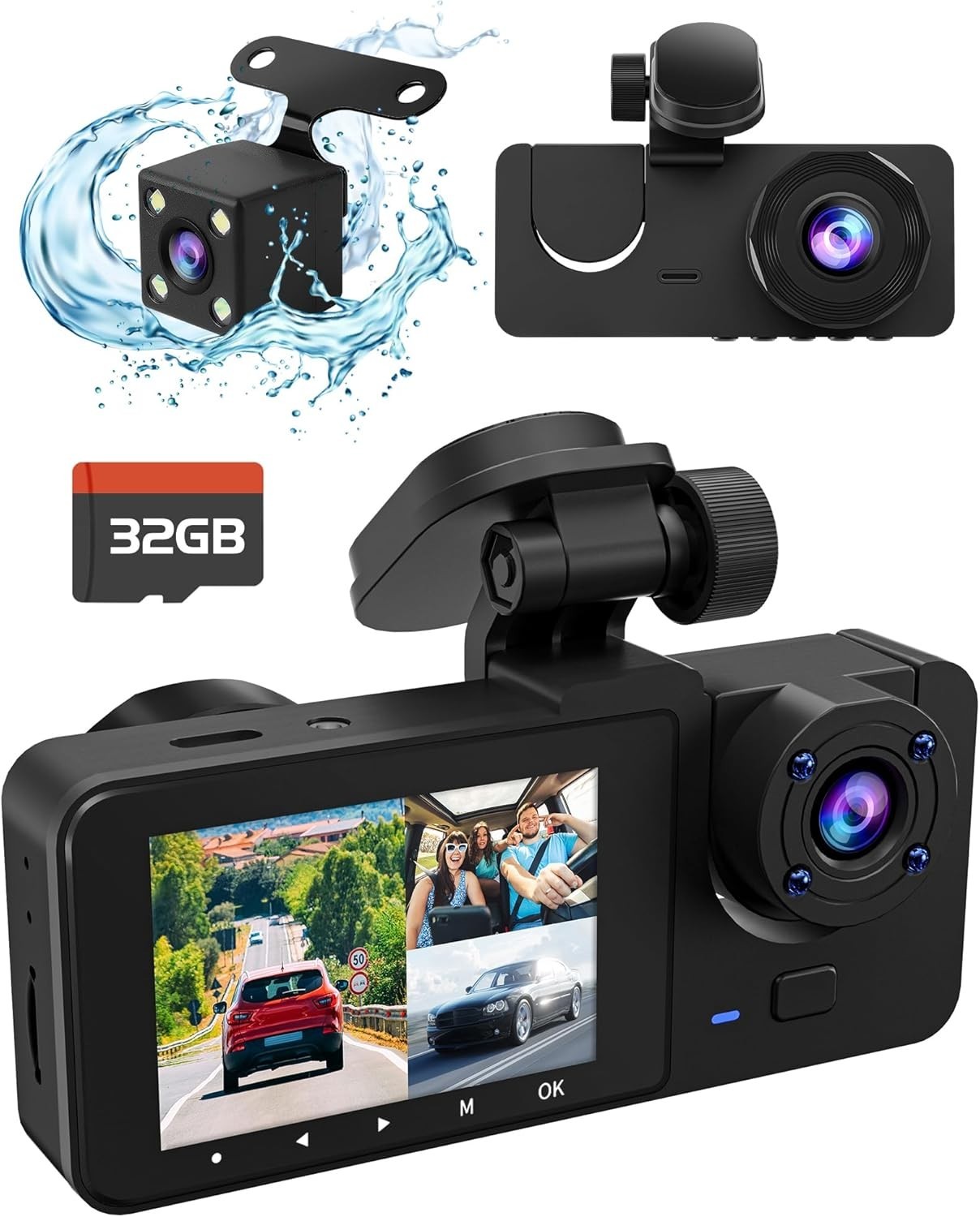 4K UHD Dash Cam Front & Rear, 3 Channel, Night Vision, 32GB Card, 24/7 Loop