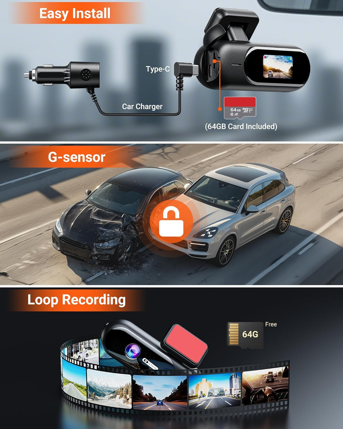 4K Dash Cam Front Built-In 5G WiFi 64GB Card Included Dash Camera For Cars Black