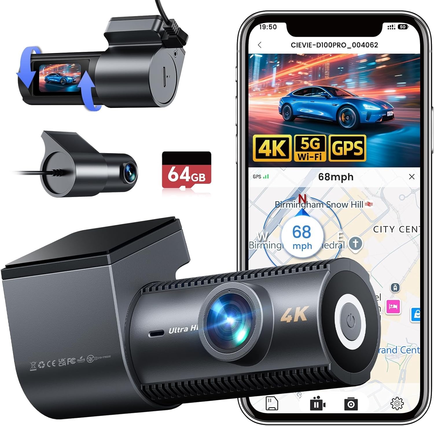 Capture Every Moment: 4K Front & 1080P Rear Dash Cam with GPS & Loop Recording