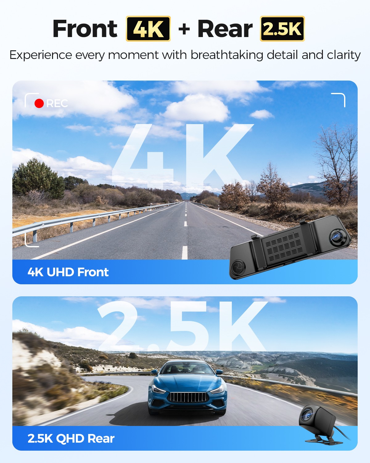 AZDOME 12″ 2CH 4K+2.5K Rearview Mirror Dash Cam 5GWiFi GPS ADAS BSD LCA+64GB TF