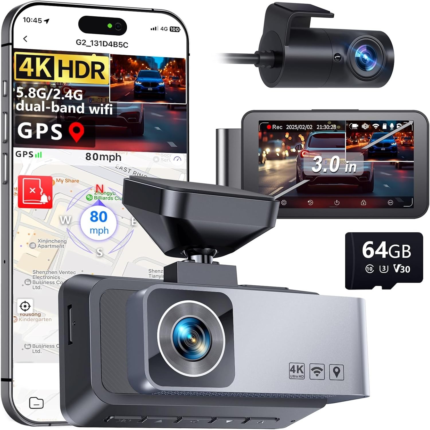 Car Dash Cam Front Rear Dual WiFi GPS 4K IPS Screen UHD Parking Monitor NightVis