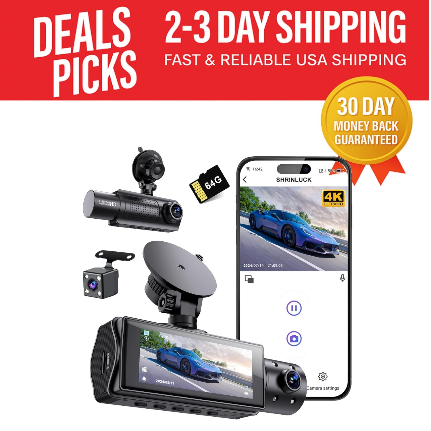 3-Channel X5 Dash Camera for Cars – 4K Front, 1080P Inside & Rear, App Control