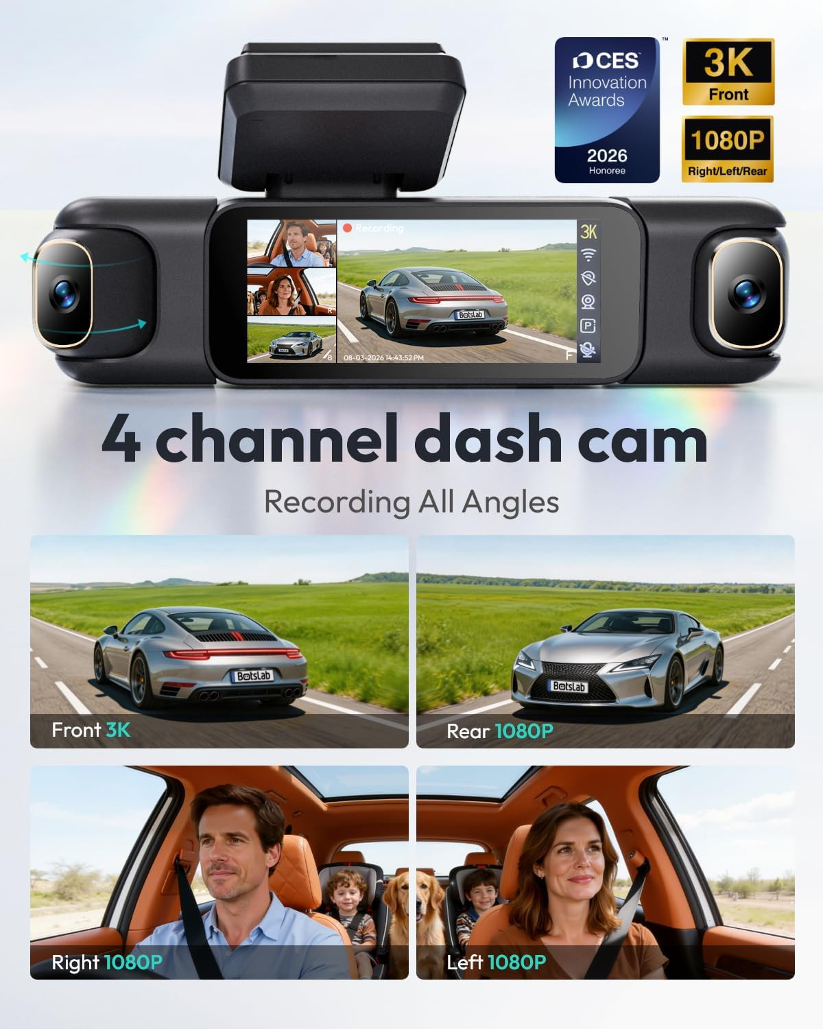 4 Channel 360° Dash Cam, 128GB Card, Voice Control, App Control | 24/7 Parking M