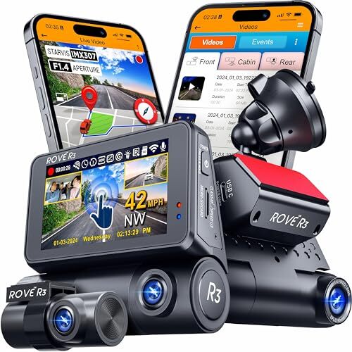 ROVE R3 Dash Cam Front and Rear with Cabin, 3” IPS Touch Sn, 3 Channel Dash