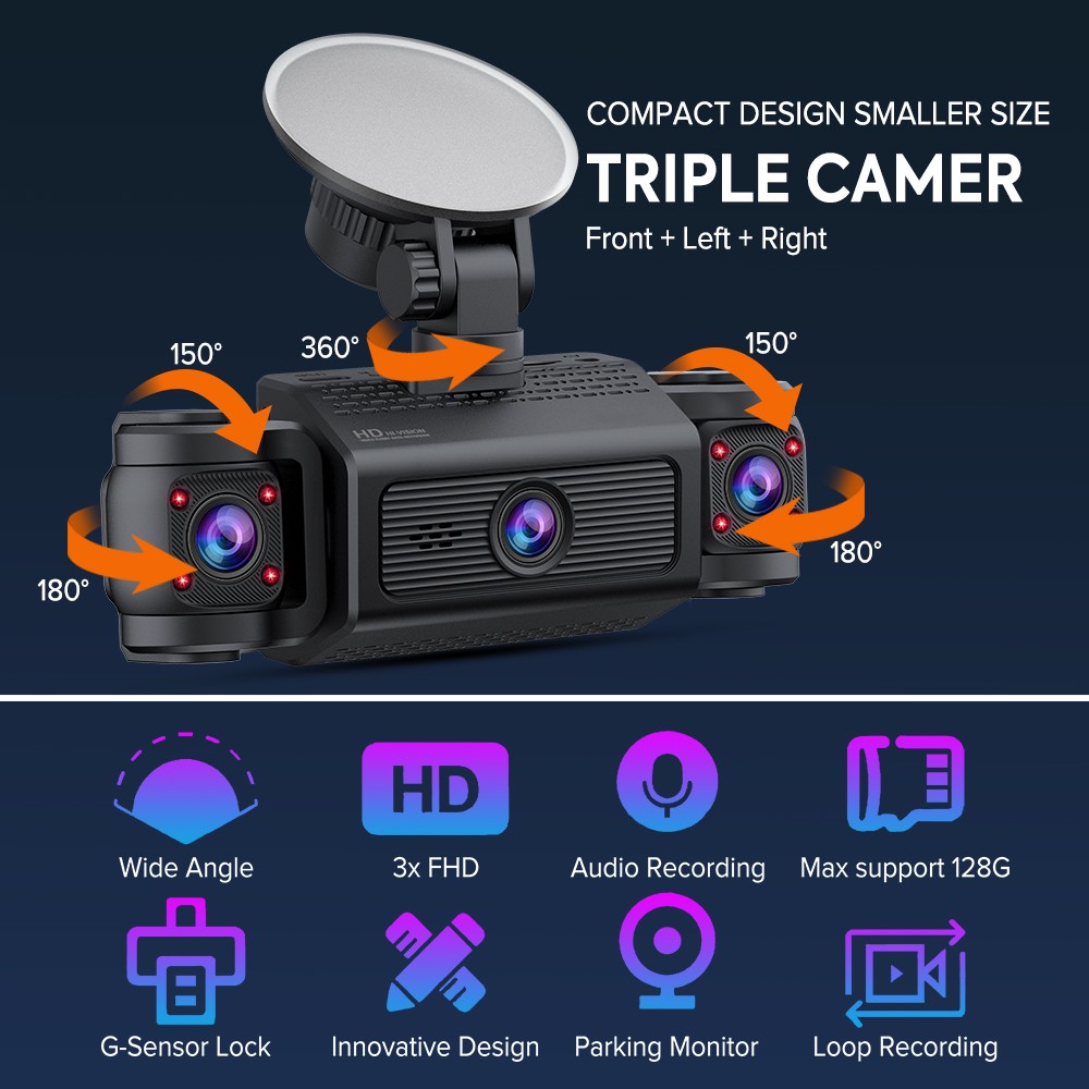 3 Channel Car Dash Cam 1080P Front Left Right Night Vision Driving Video Camera