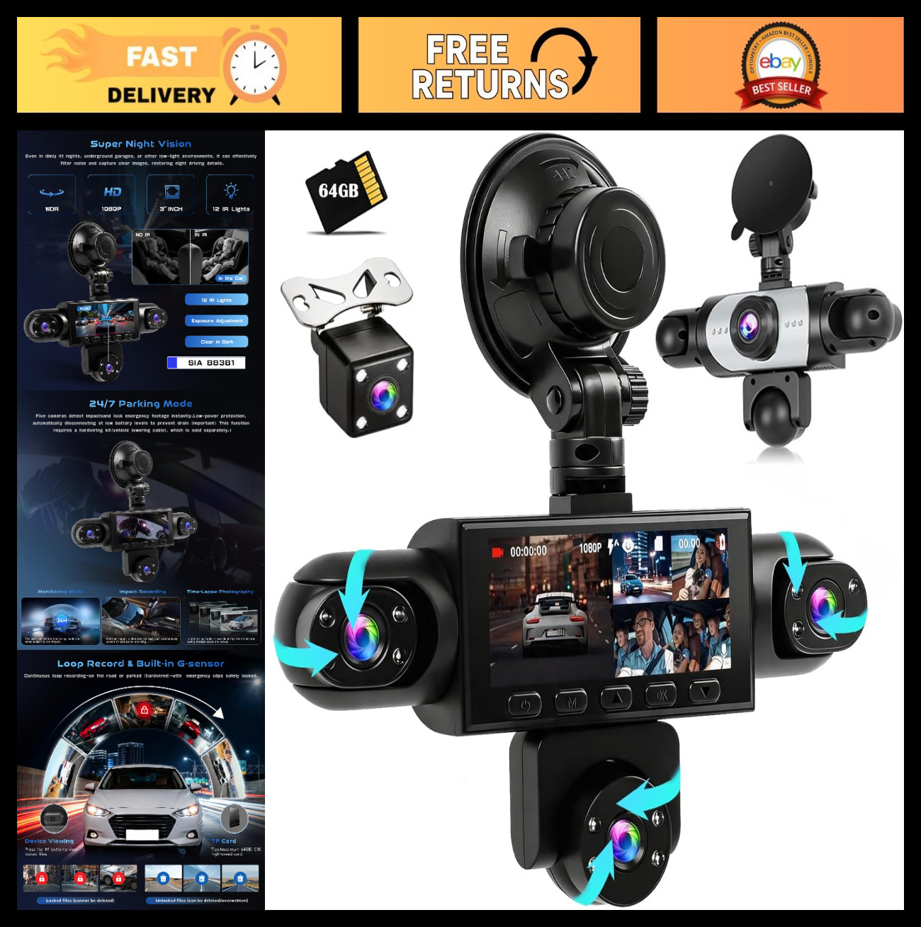 5-Channel 360° Dash Cam Mirror, 1080P Front Rear Inside, HDR Night Vision, 24H P