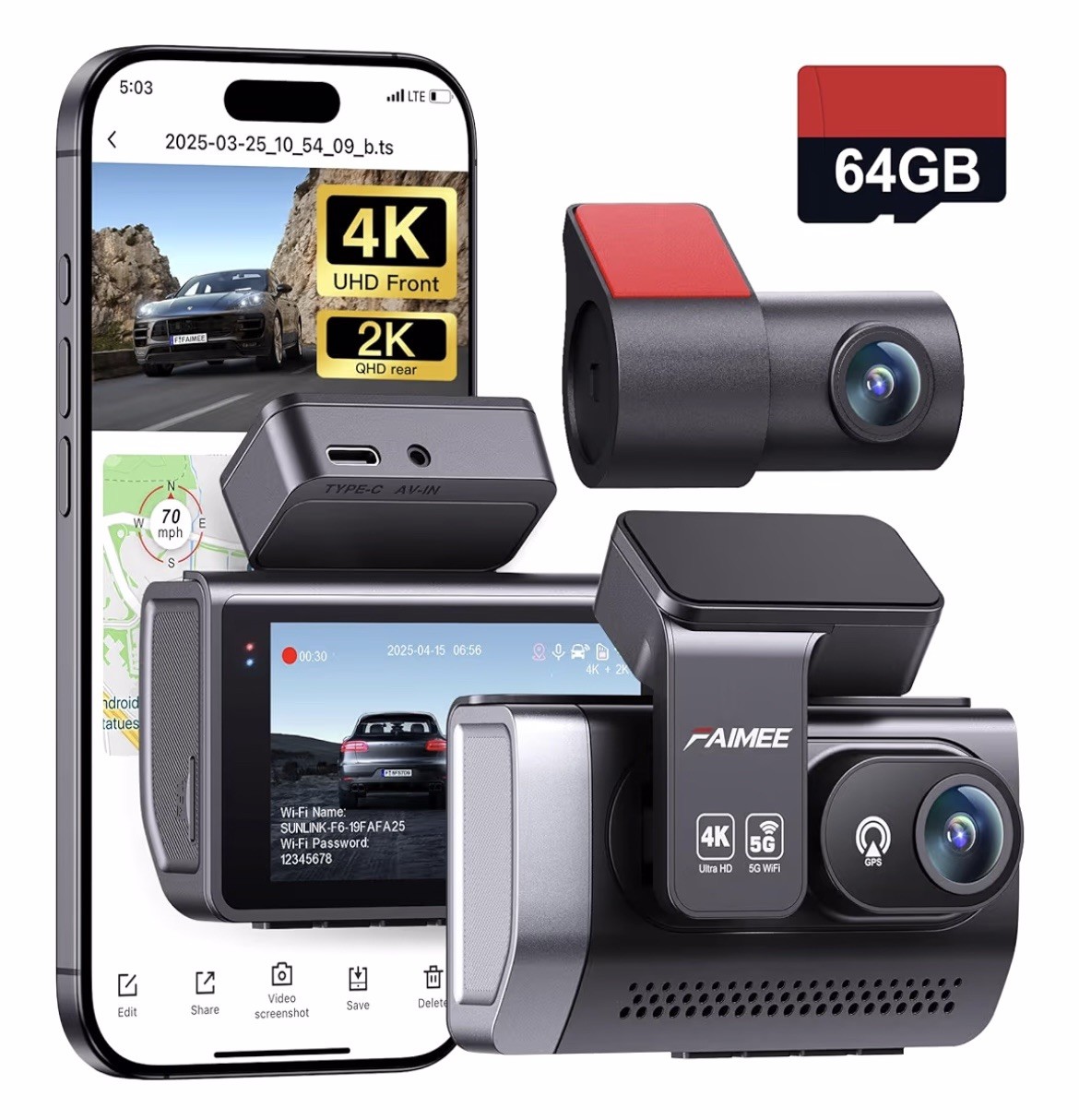 FAIMEE 4K+2K Dash Cam Front and Rear, Built-in GPS