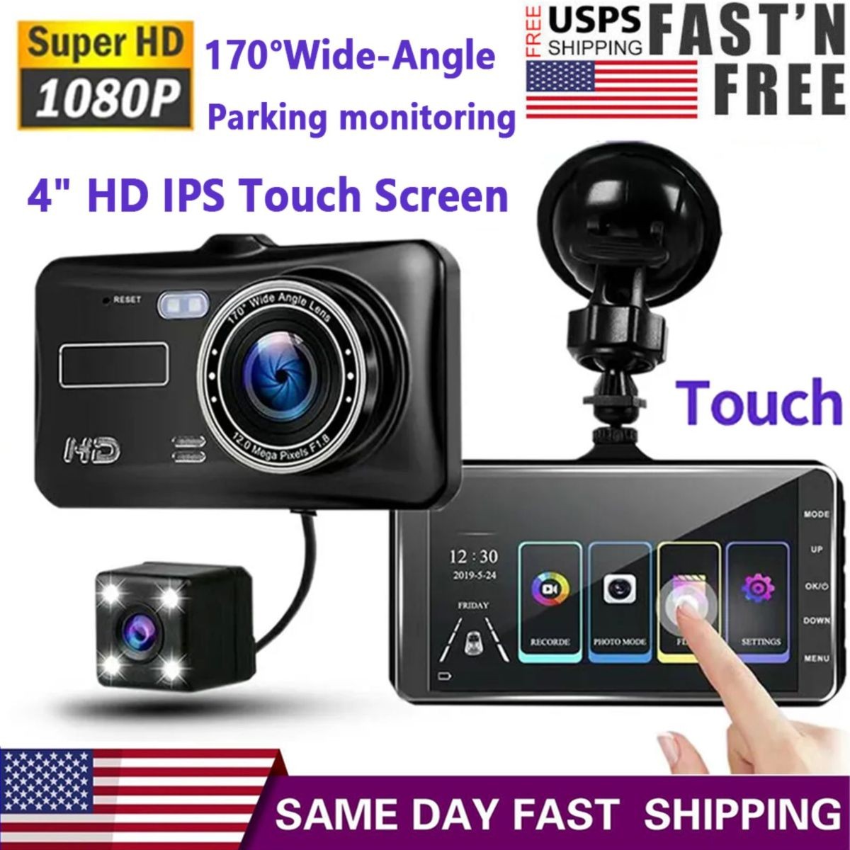 1080P Car Dual Lens Dash Cam 4″ DVR Recorder Front & Rear Camera Night Vision