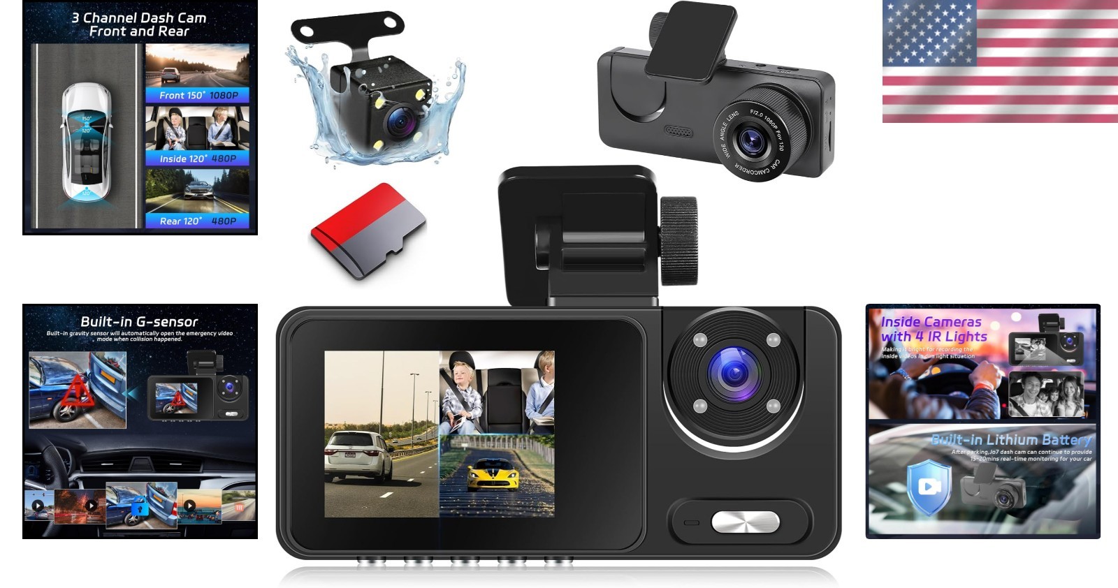 3-Channel 1080P Dash Cam with Night Vision & 64GB Card – Front & Rear Protection