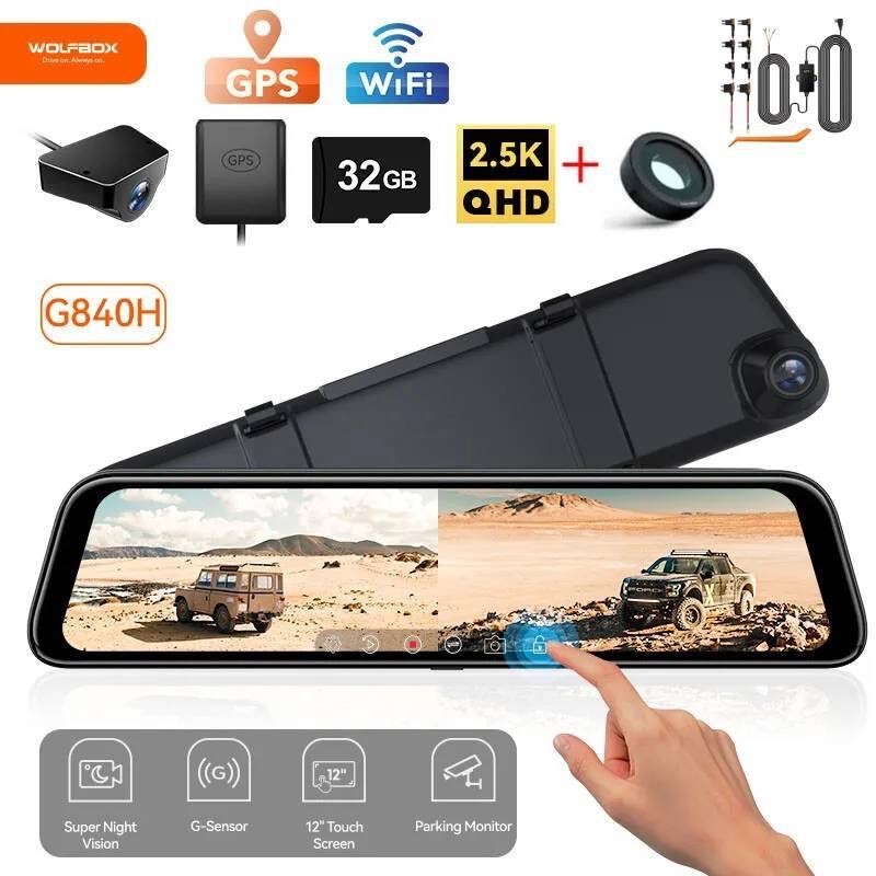 WOLFBOX G840H 12″ Mirror Dash Cam with WiFi | 2.5K Front + 1080P Rear | GPS & 32