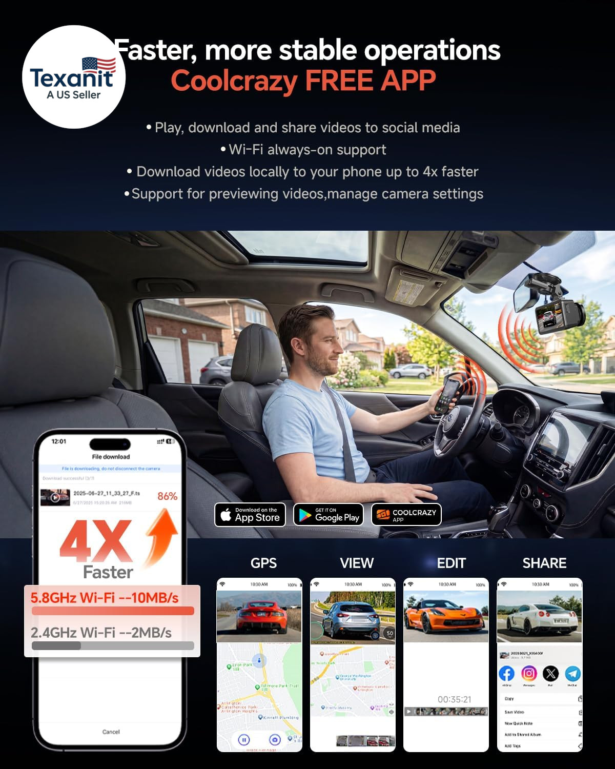 4K Dash Cam Front and Rear, STARVIS Sensor, Free 128GB Card Included, 5Ghz Wifi-