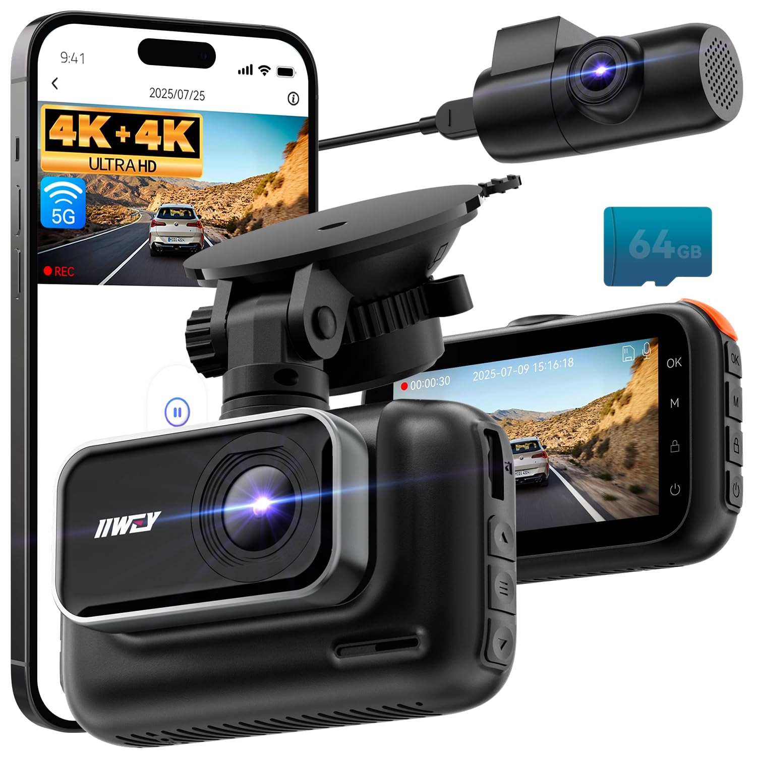 4K+4K Dash Cam Front and Rear, 5G Wi-Fi 64GB SD Card Included, STARVIS Dash C…