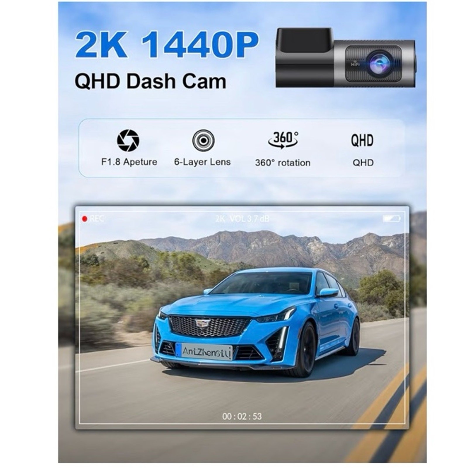 2K 1440P QHD Dash Cam for Cars, 32G TF Card Included, Front Car Camera with Wi-F