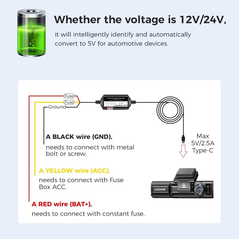 12ft ACC Hardwire Kit for M550 M01Pro PG17 Dash Cams – Low Voltage Protection