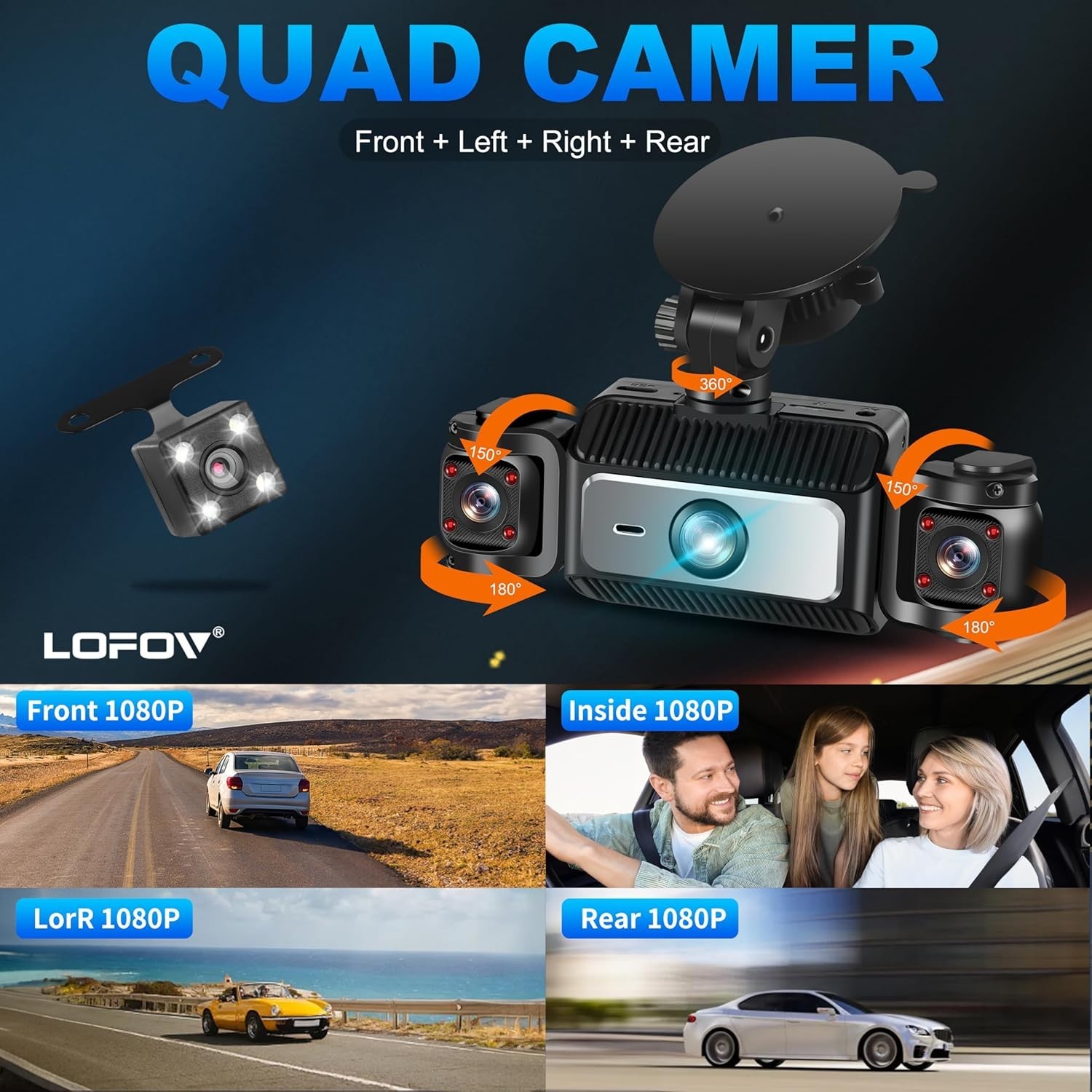 4 Channel Dash Cam 360°View,LOFOV 1080P Front and Rear Inside,Left Right 64GB SD