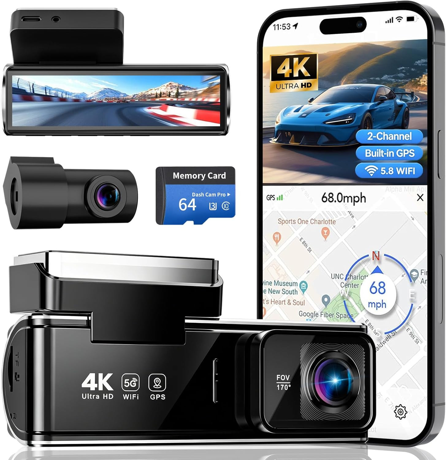 4K Dual Dash Cam Front and Rear, 2 Channel Car Camera with Built-In GPS 5.8Ghz W