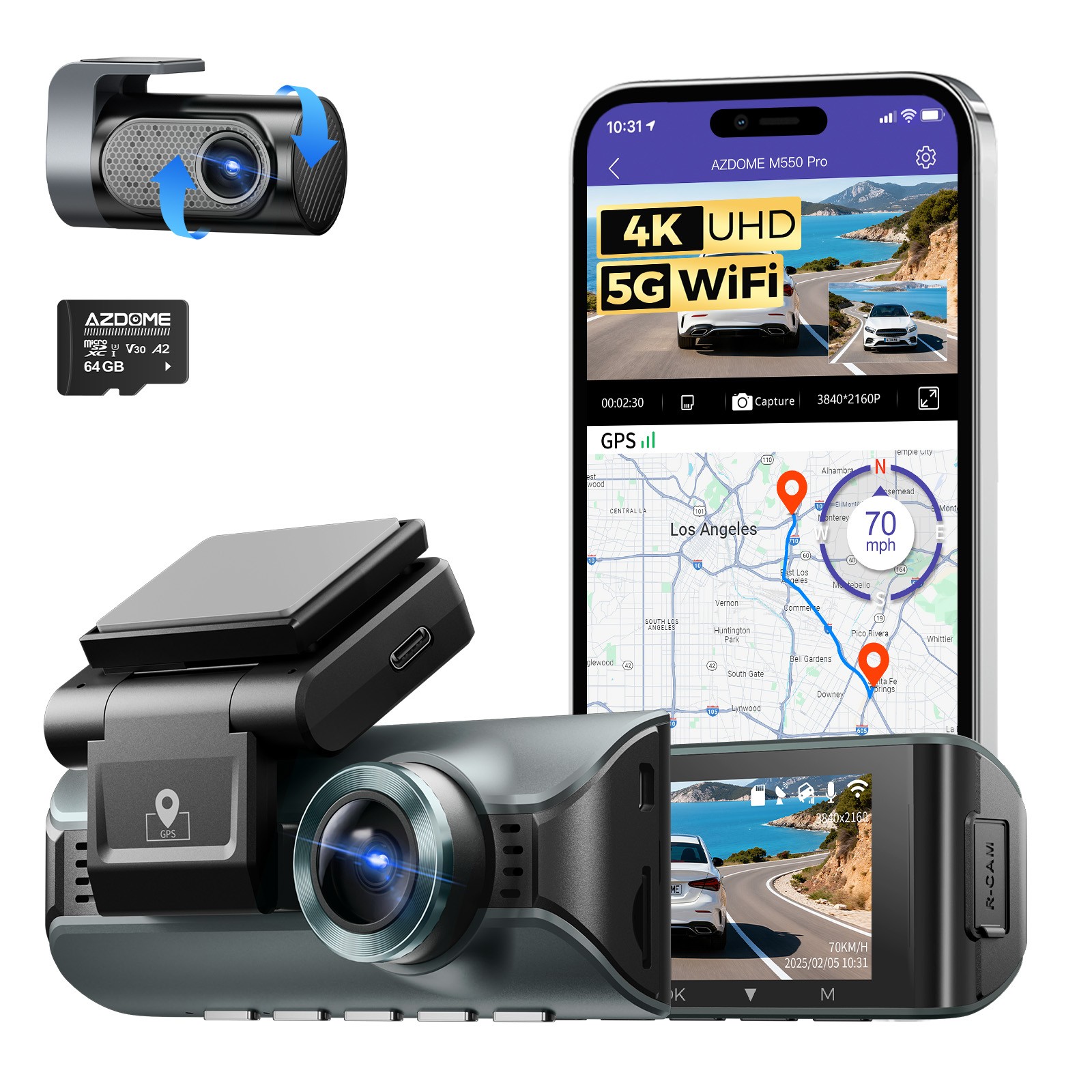 AZDOME 3.19″ 2CH 4K+2.5K Dash Cam Front Rear 5GWiFi GPS ADAS Voice Control 64GB