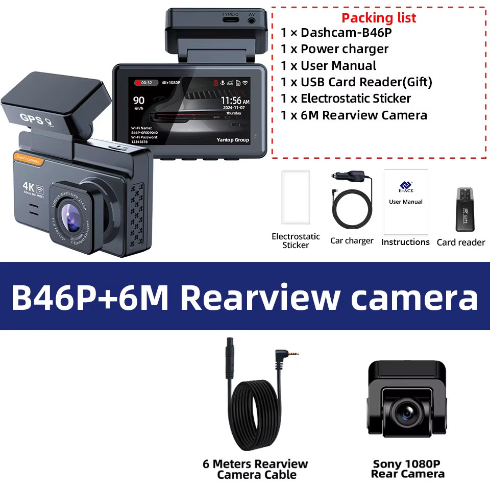 Dash Cam 4K 3 Inch Mini Car Dvr Dual Lens with GPS WIFI 24H Parking 1080P Rear V