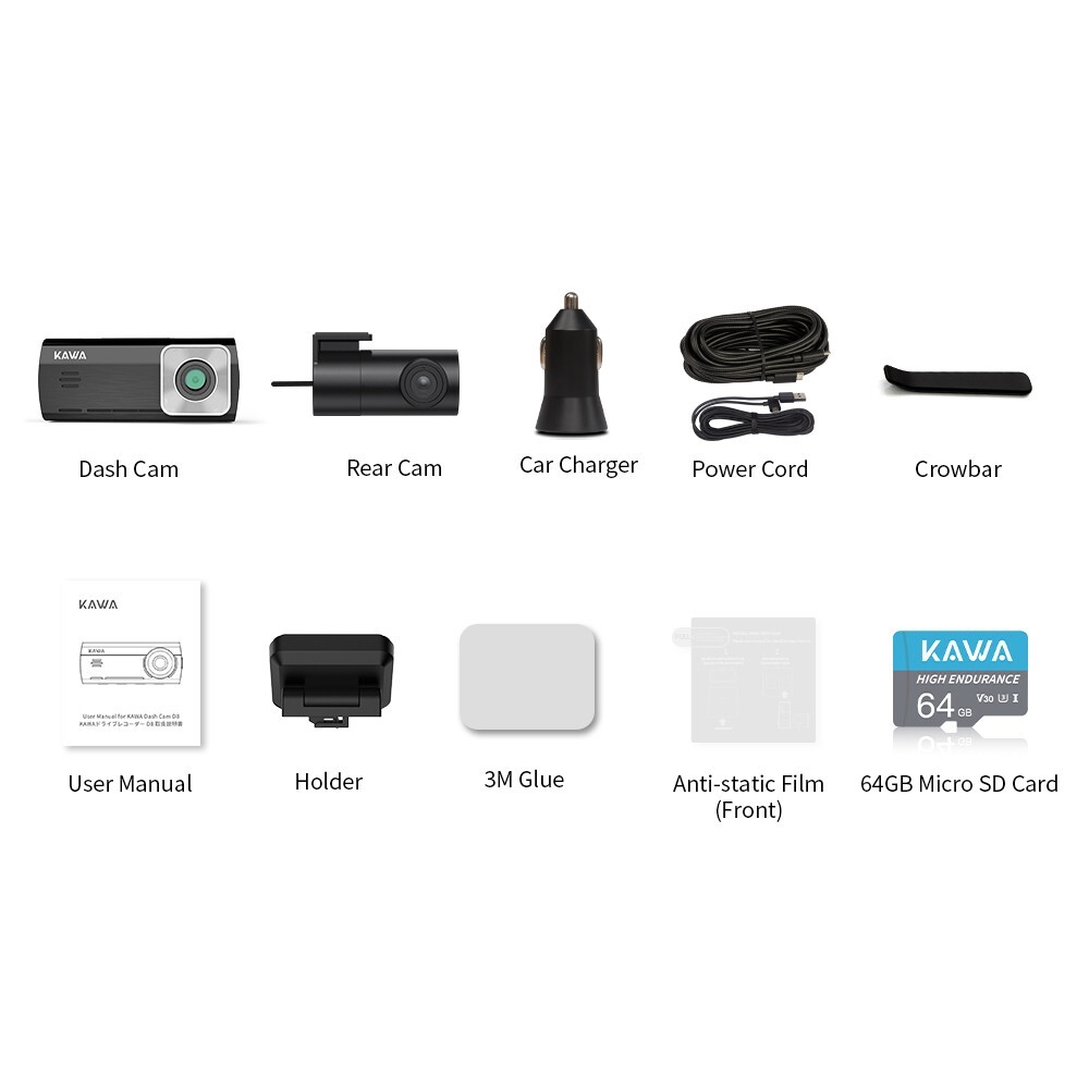KAWA AI-ISP 4K Dual Dash Cam , GPS AI Motion Detection 64GB Card, 24H Park Mode