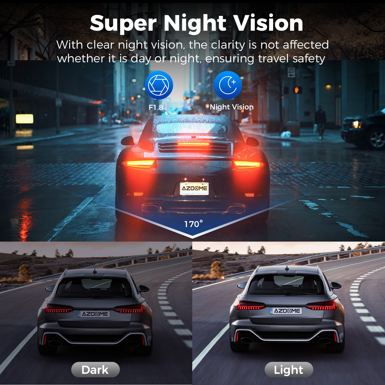 AZDOME 1080P+1080P+VGA 3 Channel Dash Cam 24H Parking Mode Night Vision Recorder