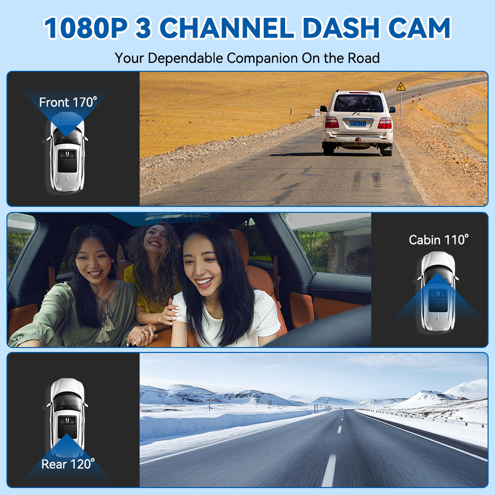 Dash Cam 1080P WiFi Car Camera 3CH Lens Night Vision G-Sensor DVR Recorder+32GB