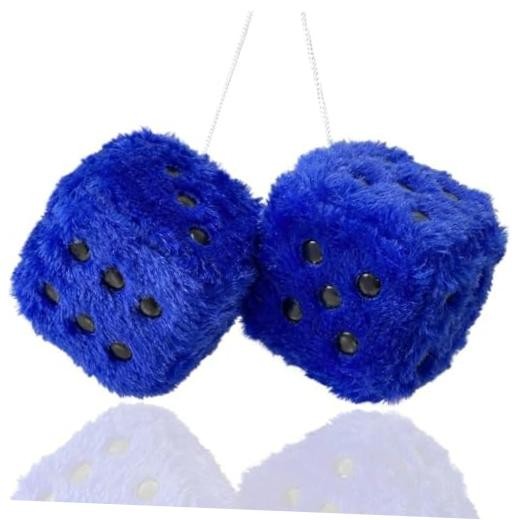 Fuzzy Plush Dice for Car Mirror, Pair of Retro 3” Dice with White Dark Blue