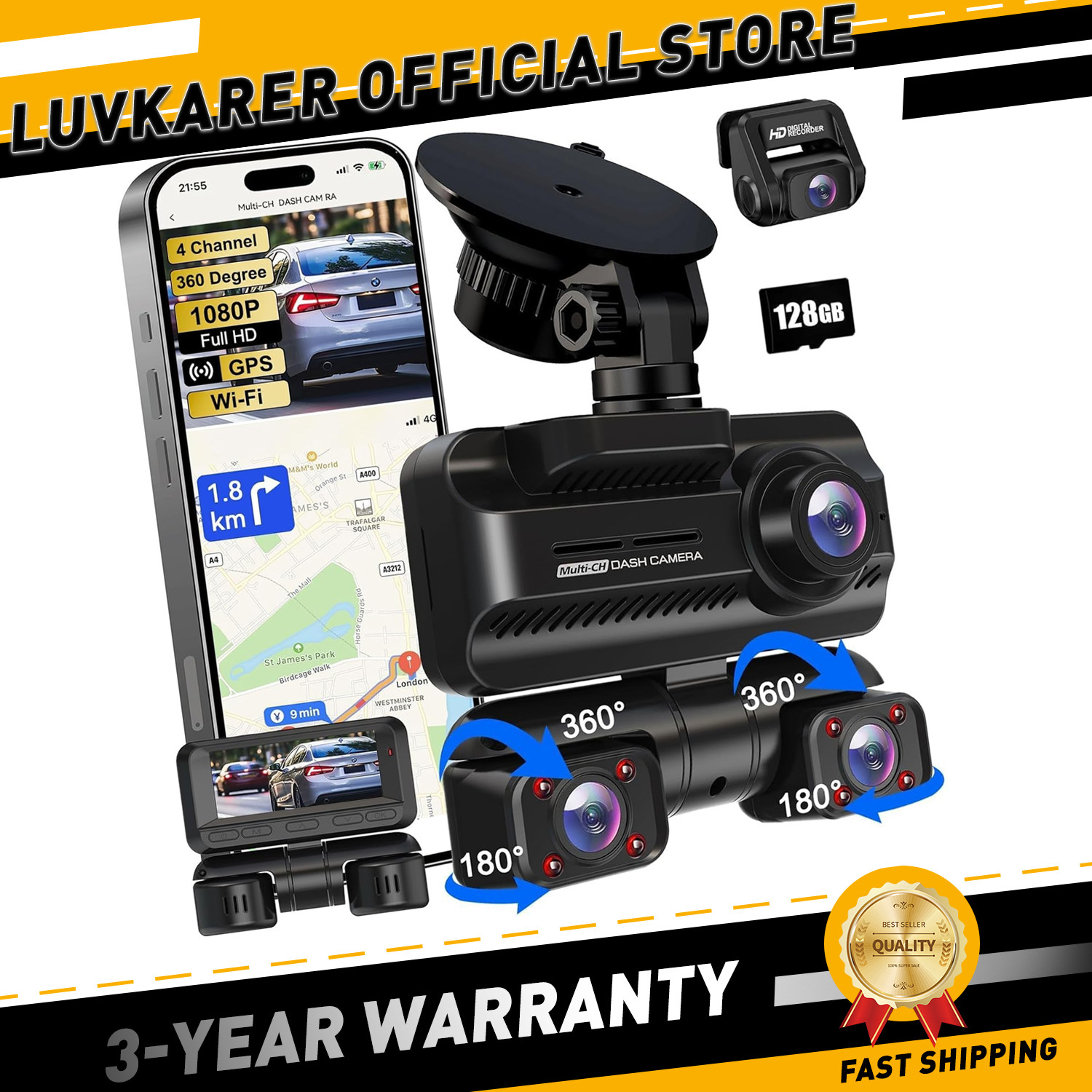 Dash Cam 4 Channels 360° Front Rear Inside DashCam 3.18” IPS Screen,Night Vision