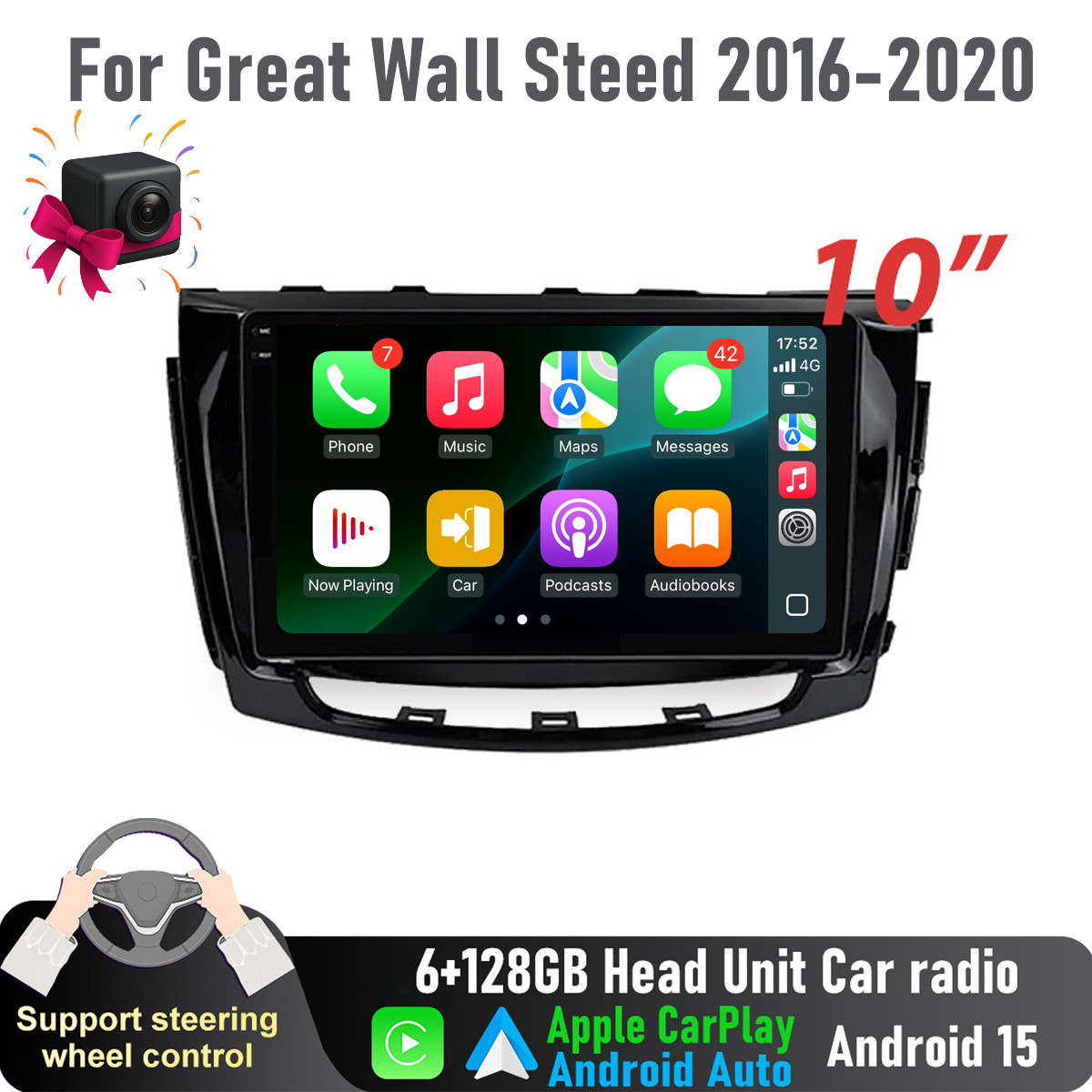 10” Apple CarPlay Auto 6+128GB Head Unit Car radio For Great Wall Steed 2016-20