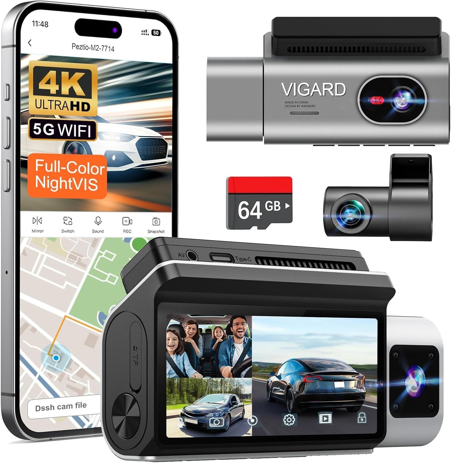 Dash Camera 4K/1080P 3 Channel Front/Rear Cams 64G NV 24Hr Parking Mode 5GWiFi G