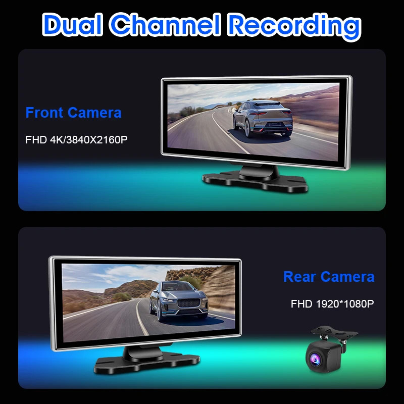 Develuck 11.26in Dash Cam 4K Car DVR Wireless CarPlay Android Auto GPS Dual Lens