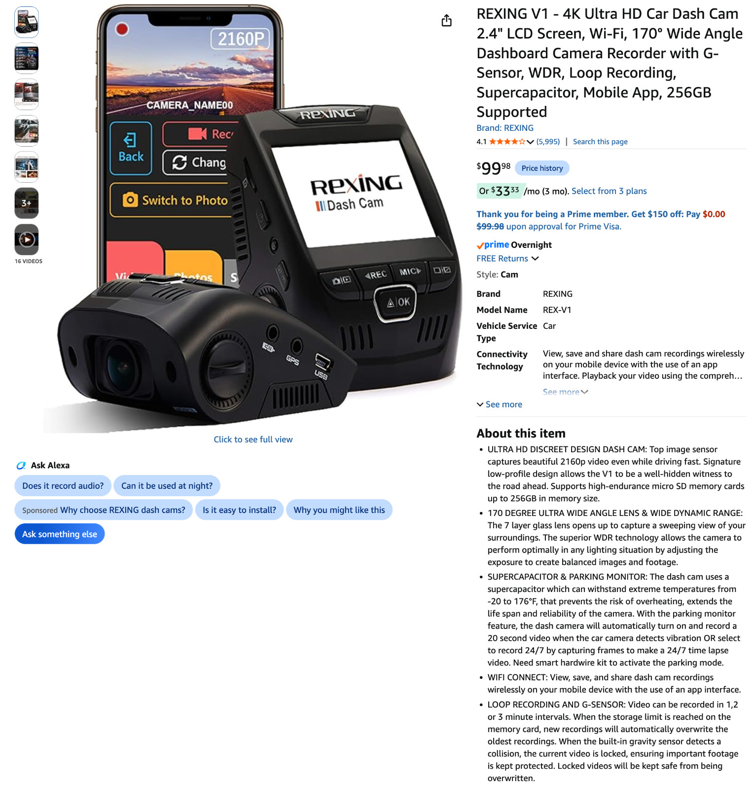 Rexing V1-4K Ultra HD Dash Cam WiFi 4K Open Box Never Used Complete