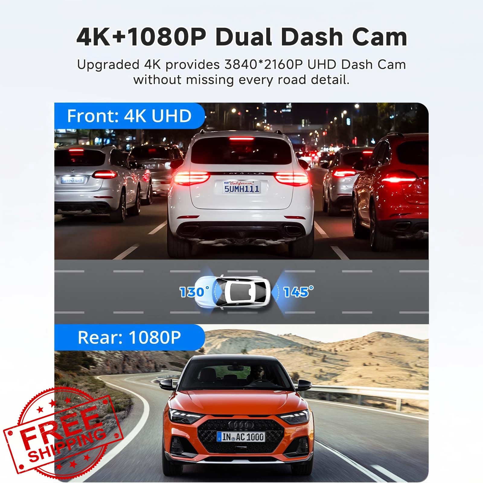 Hufdic 12″ 4K Mirror Dash Cam WiFi Front Rear