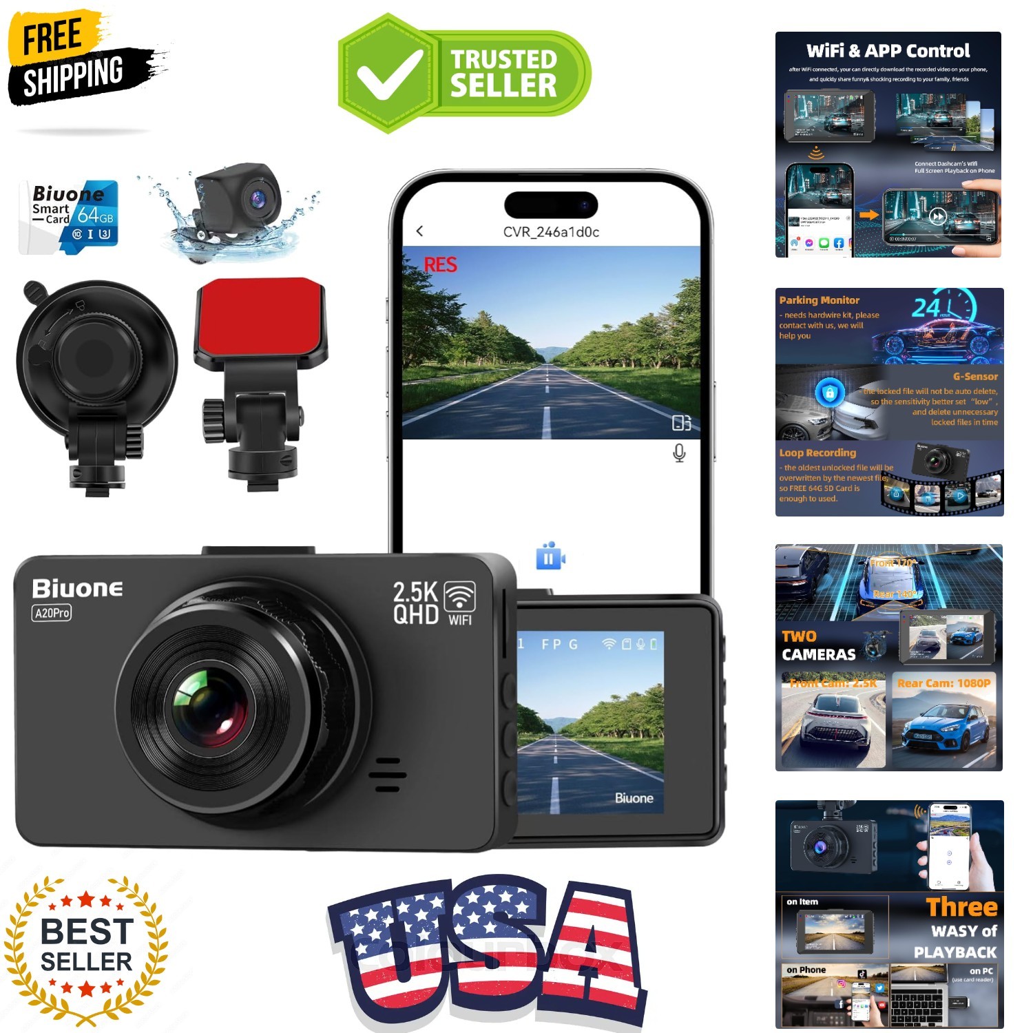 Dash Cam Front and Rear Dash Camera WiFi/APP Control Car Camera with 64G Card…
